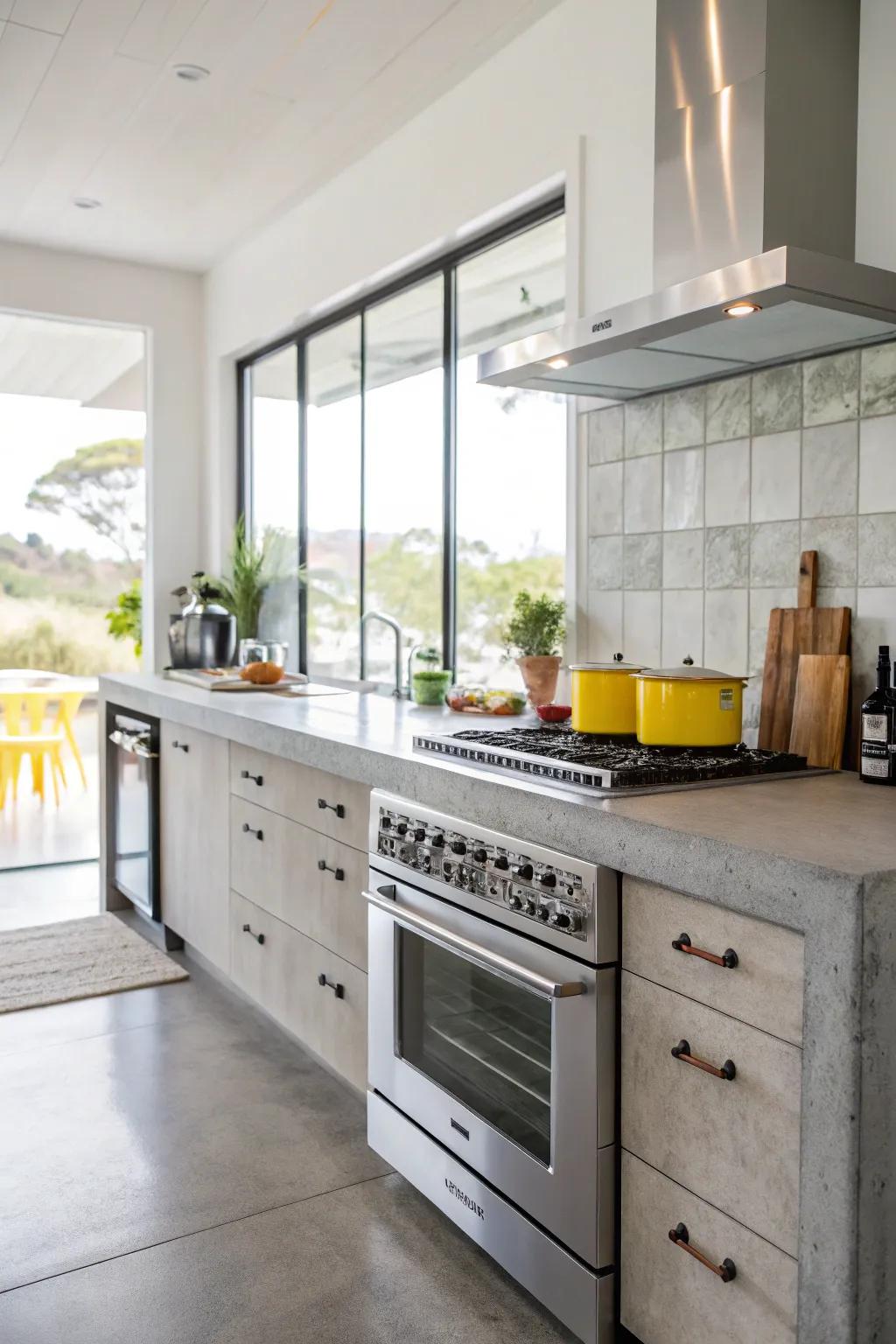 A kitchen that showcases concrete countertops contrasted by bright modern appliances.