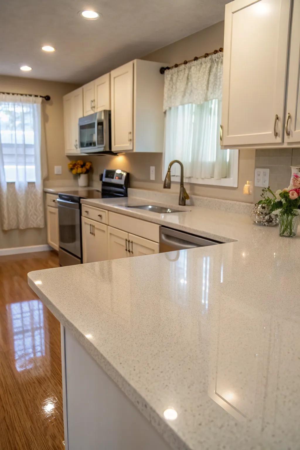 Light-shaded quartz making a compact kitchen appear larger.