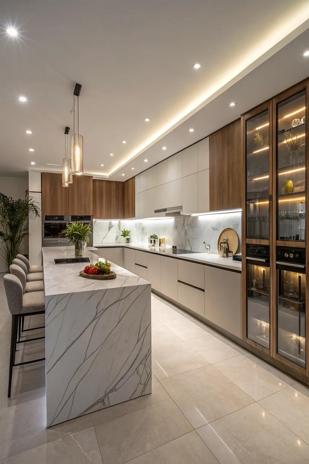 Your kitchen gains a sense of elegance and modernity with waterfall worktops.