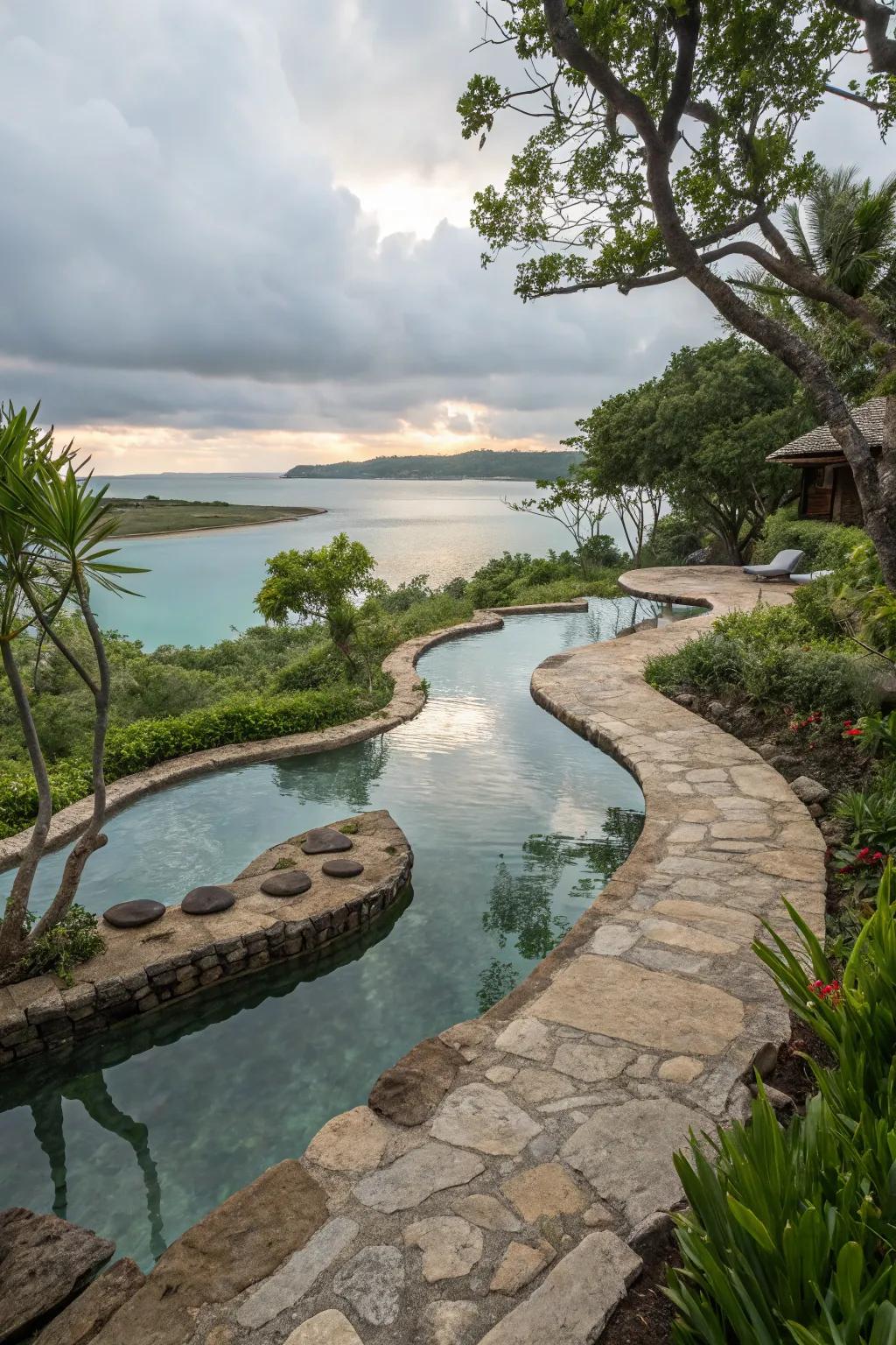 Inherent stone contributes an earthy, timeless appeal to lagoon pools.
