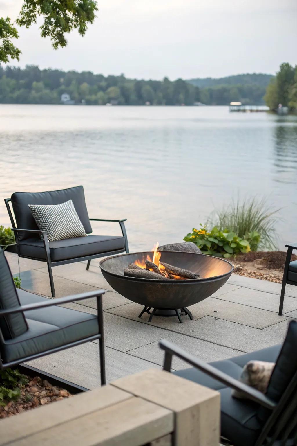 A minimalist metal fire pit conveys a nuance of up-to-date elegance to your lakeside.