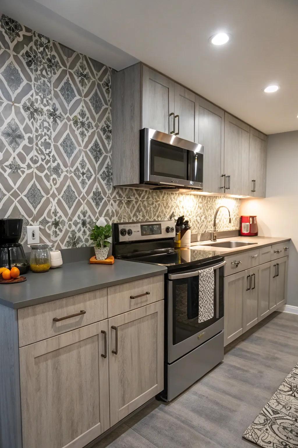 Industrial-style laminate backsplash provides a metropolitan advantage.