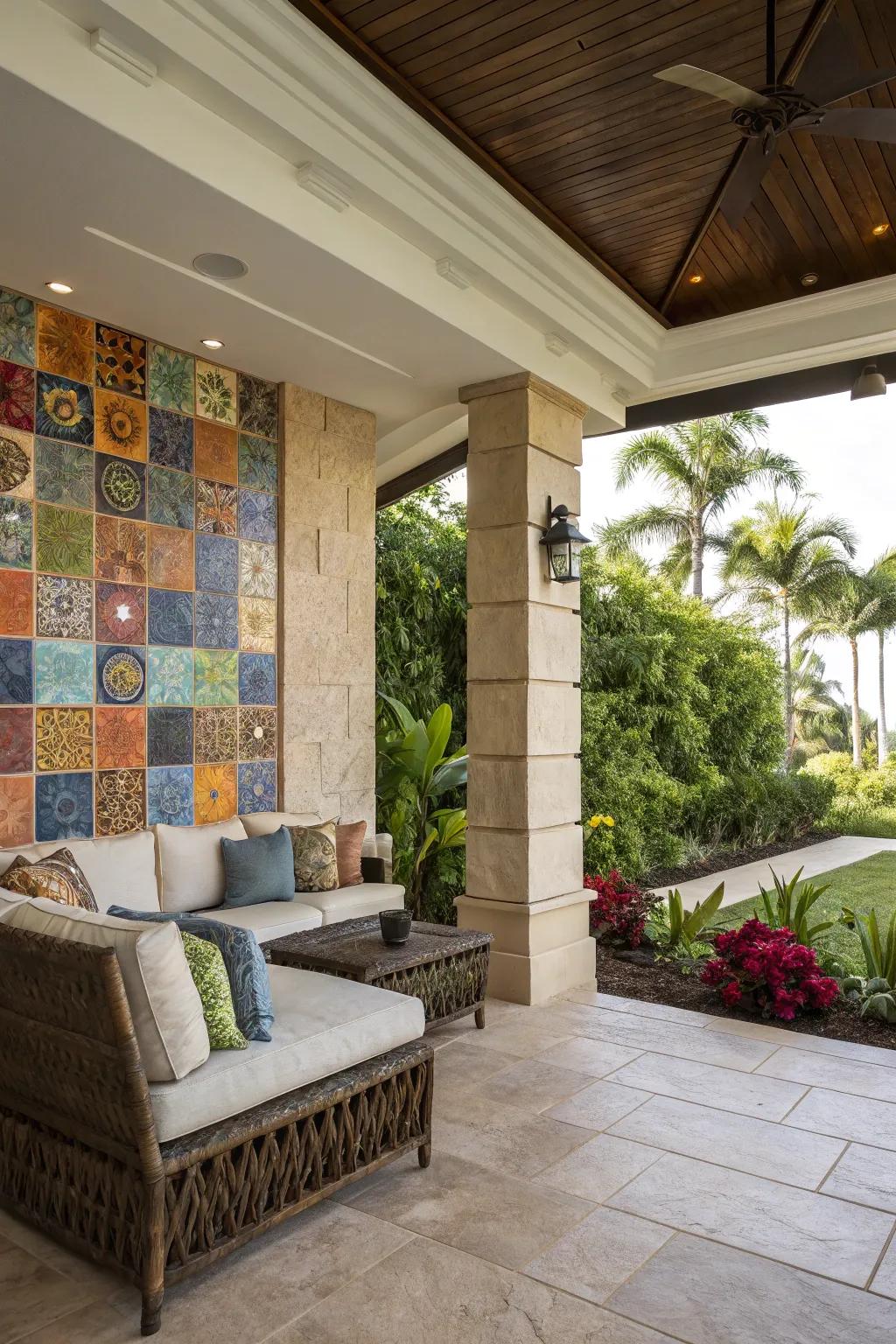 A feature facade imparts character and flair to this lanai.