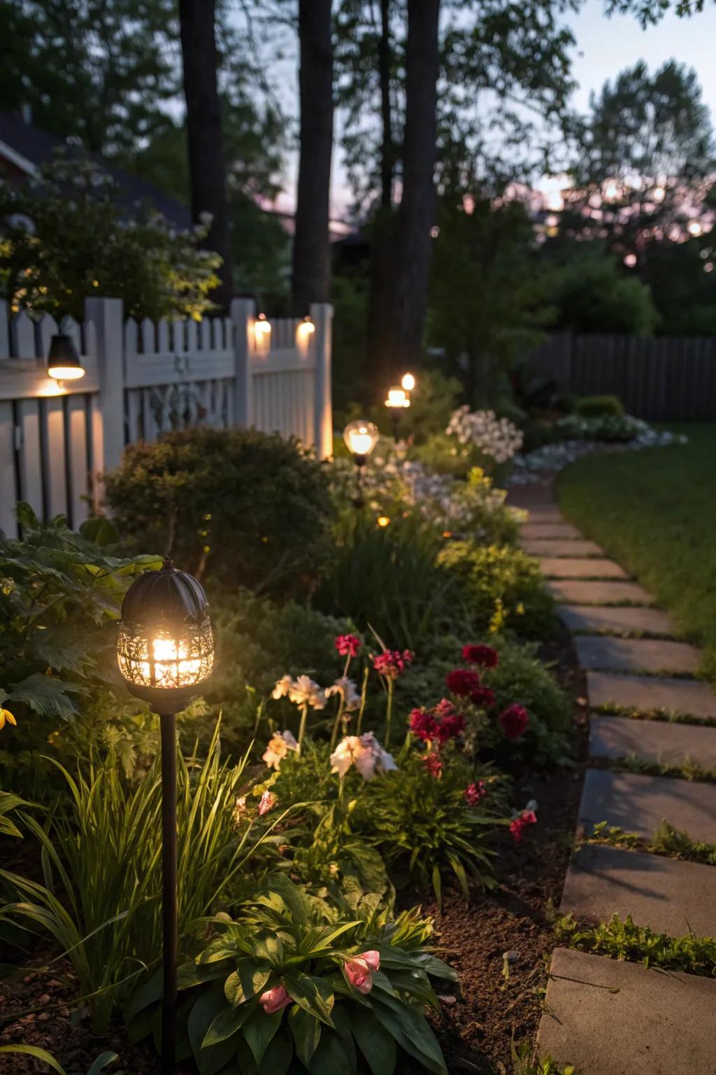 A garden bed beautifully lit by solar lights at night.
