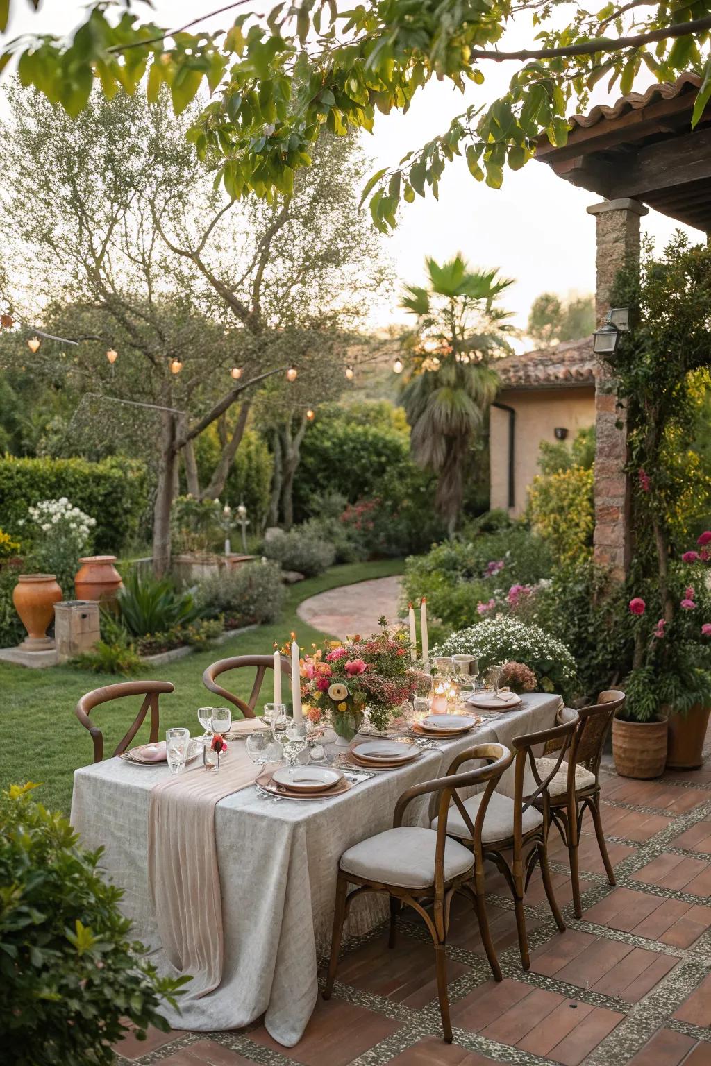 An outdoor dining area set among lush garden surroundings, perfect for gatherings.