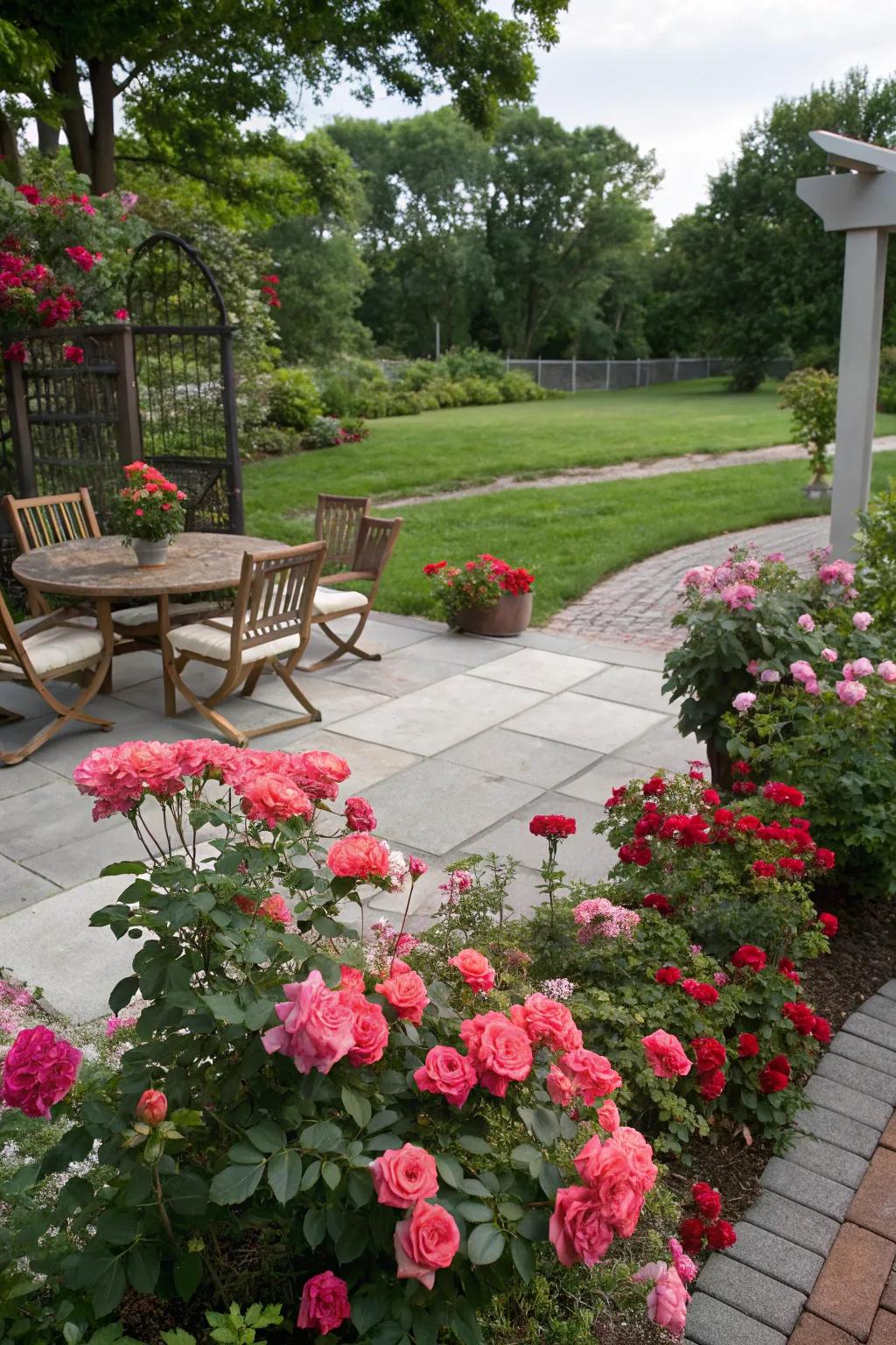 Radiant roses craft a fragrant patio enclosure.