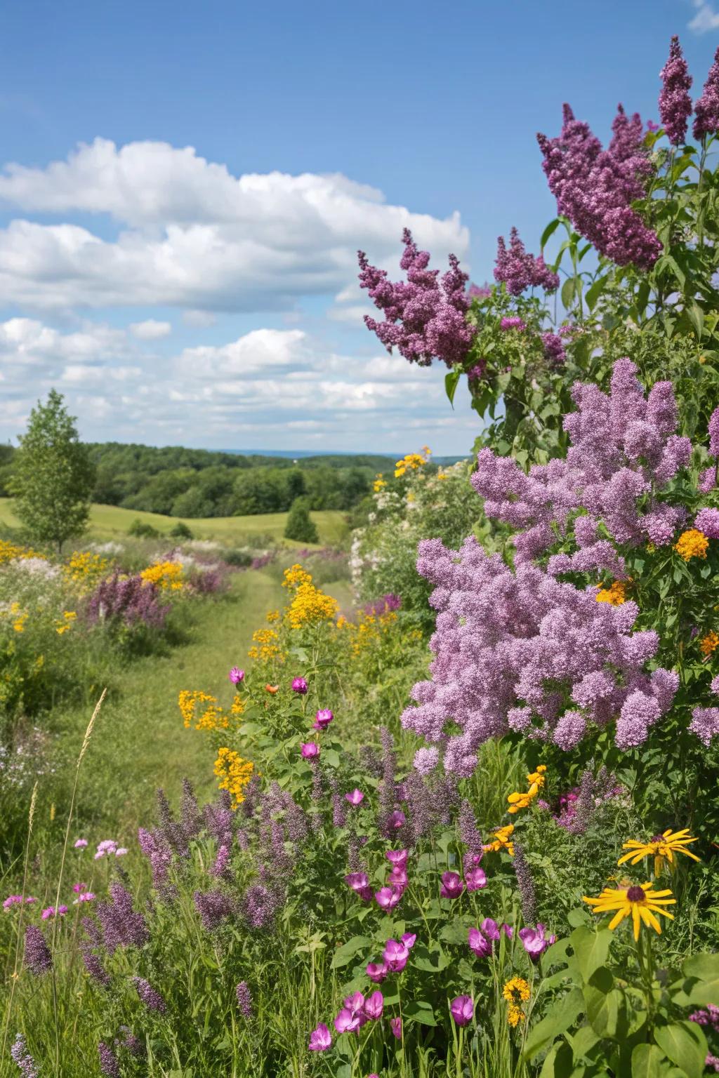 Lilacs add structure and fragrance to a wildflower meadow.