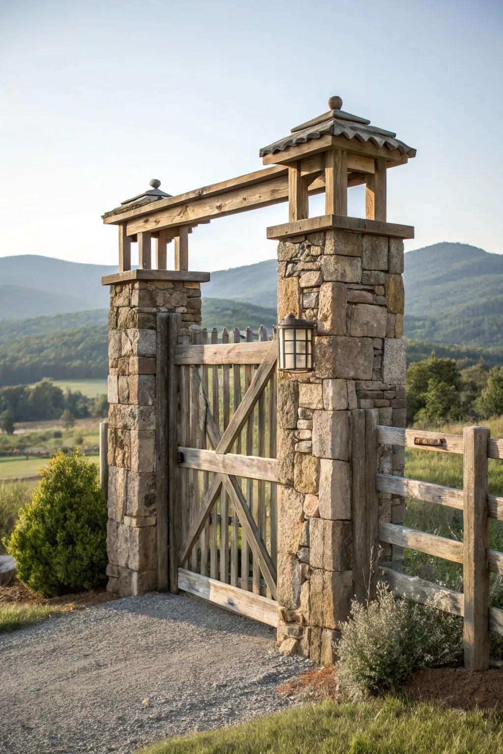 A stone and timber fusion gate adds a solid and organic touch.