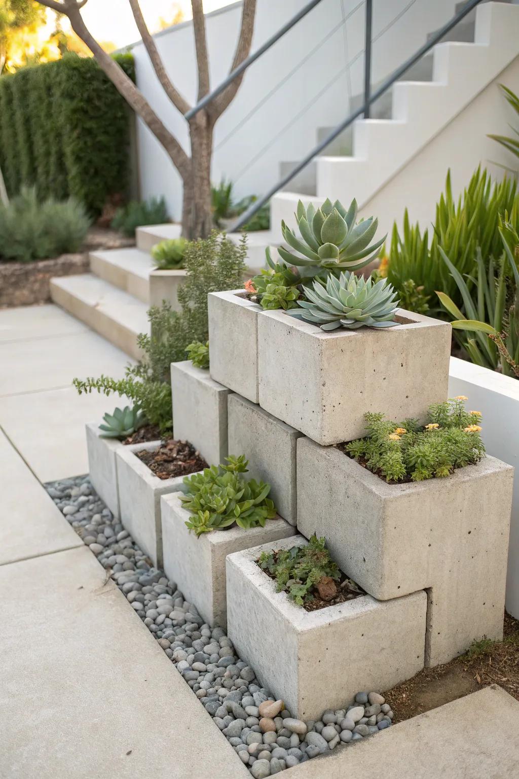 A modular succulent container made from cement blocks.