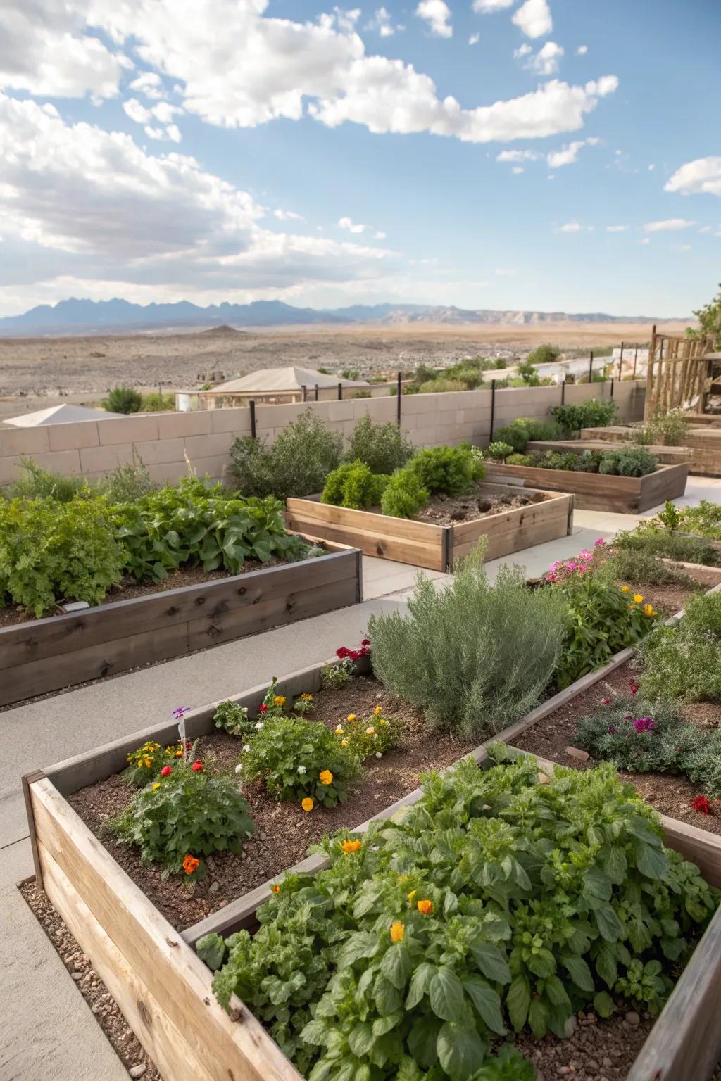 Raised planting beds filled with herbs and flowers in a Las Vegas backyard.
