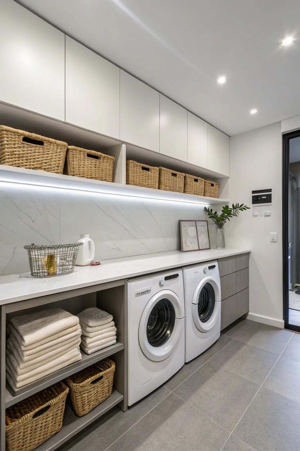 A minimalist design with floating countertops in a laundry room.