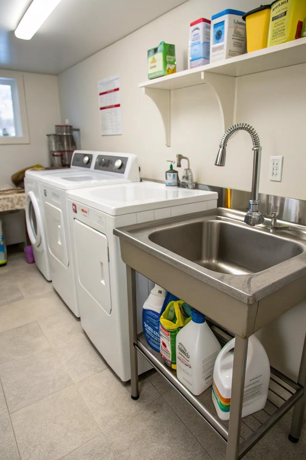 A small sink improves convenience for delicate laundry tasks.