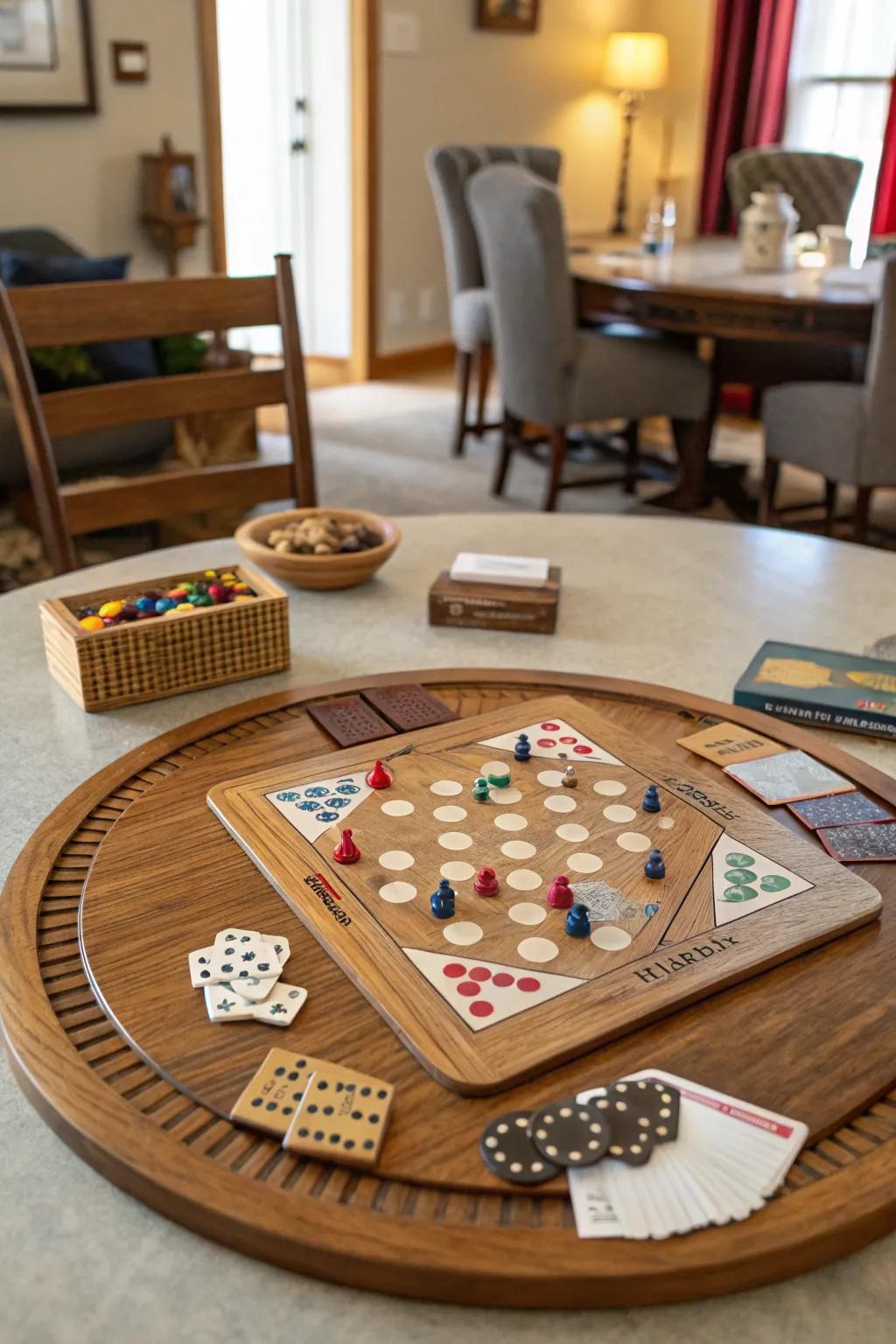 A game night essential with a spinning organizer as the centerpiece.
