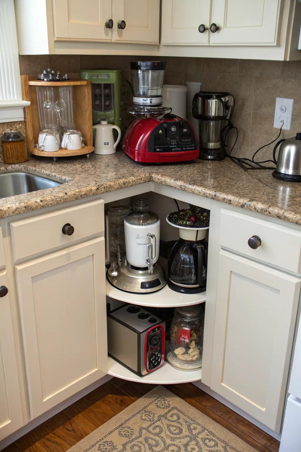 A neatly arranged kitchen cabinet features a <strong>lazy Susan</strong> to provide simple access to appliances.&rdquo; loading=&rdquo;lazy&rdquo; class=&rdquo;pimg&rdquo;>
	</picture><figcaption>A neatly arranged kitchen cabinet features a <strong>lazy Susan</strong> to provide simple access to appliances.</figcaption></figure>
<p>Keep small appliances like blenders and toasters on a <strong>lazy Susan</strong> inside your cabinets. It makes getting these heavy items out much easier.</p>
<h3>Items that may come in handy:</h3>
<ul class=