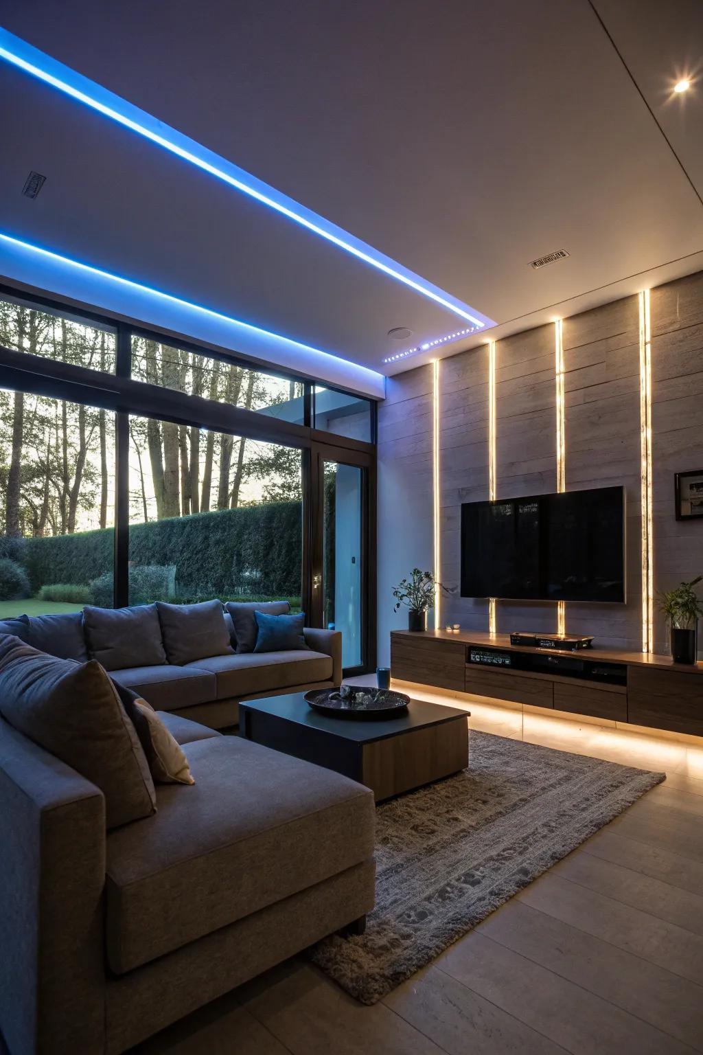 Bold design highlighted through floor-to-ceiling LED illumination bands.
