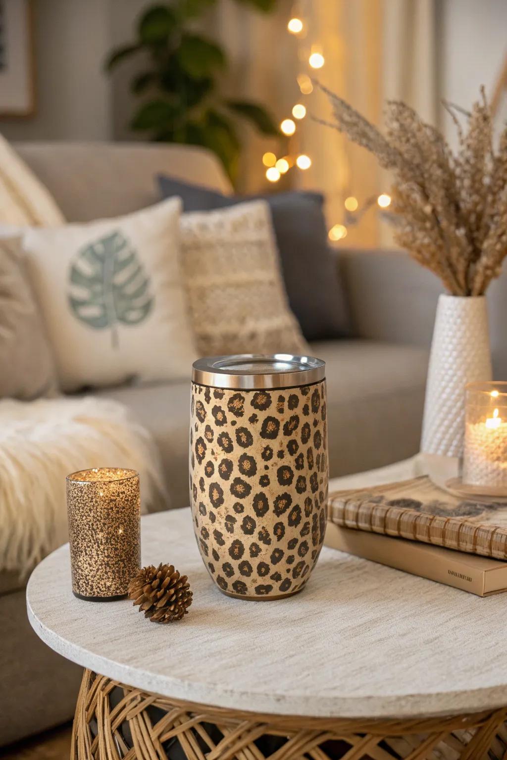 An earthy-toned jungle cat print cup that complements neutral home design.