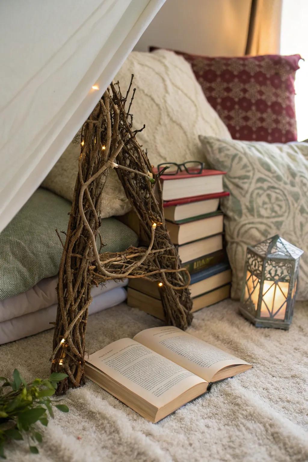 A nature-inspired letter adorned with twigs.