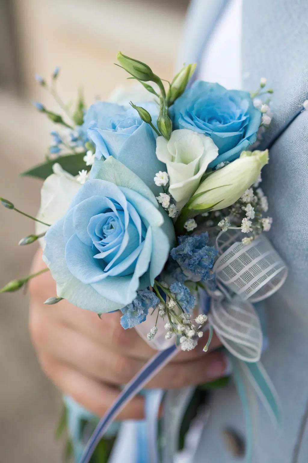 Elegant shoulder flower featuring blue catchfly.