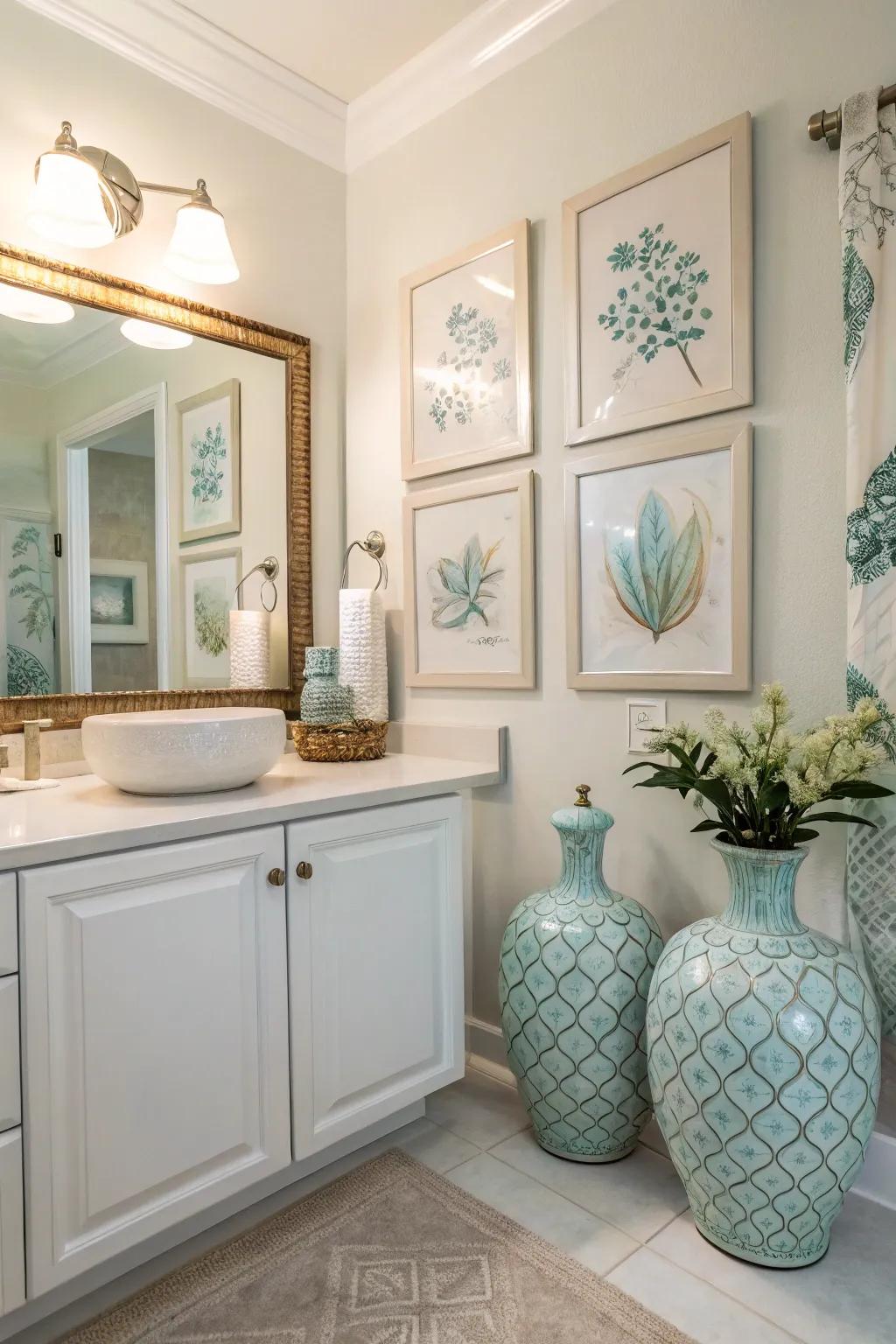 Coordinated decor elements create harmony in a bright bathroom.