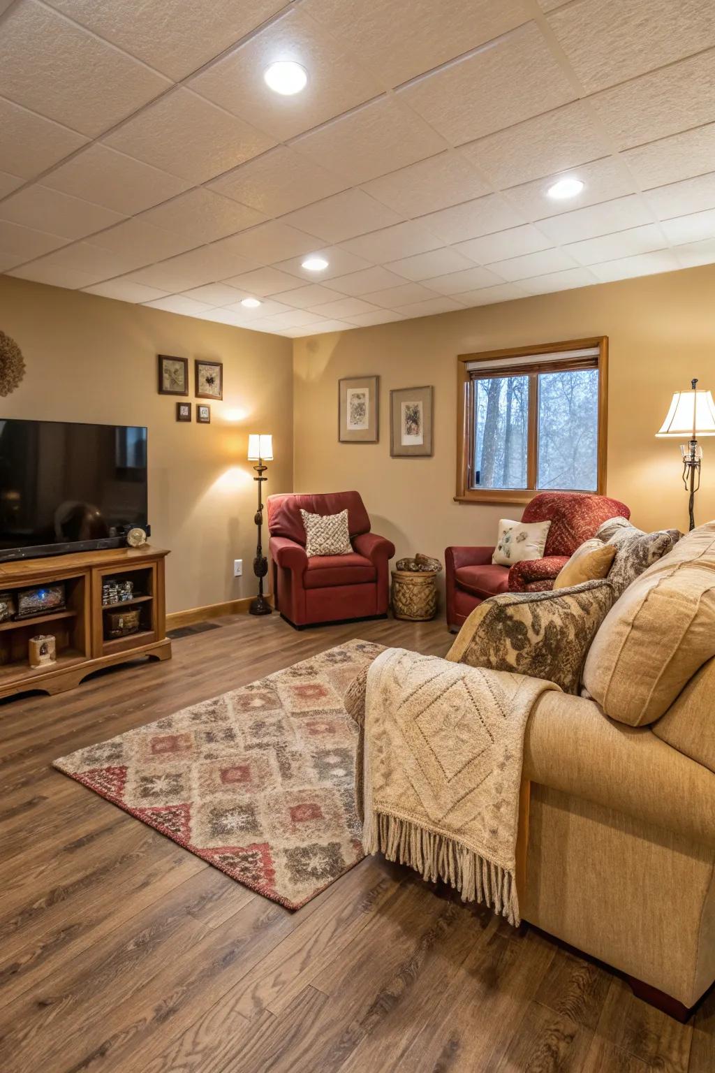 Pale chestnut composite flooring adds warmth to this cozy family room.