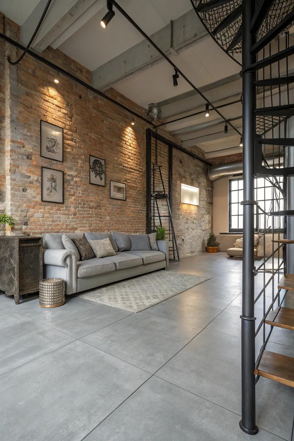 An edgy industrial living room featuring light grey flooring.