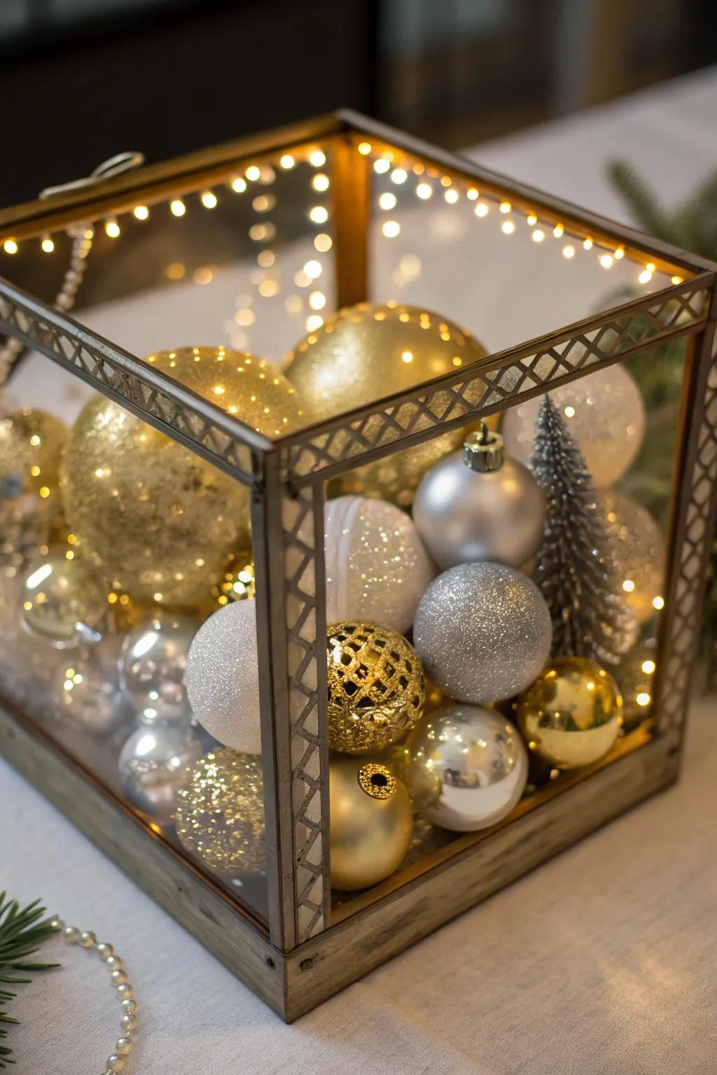 A luxurious gold and silver Christmas shadow box