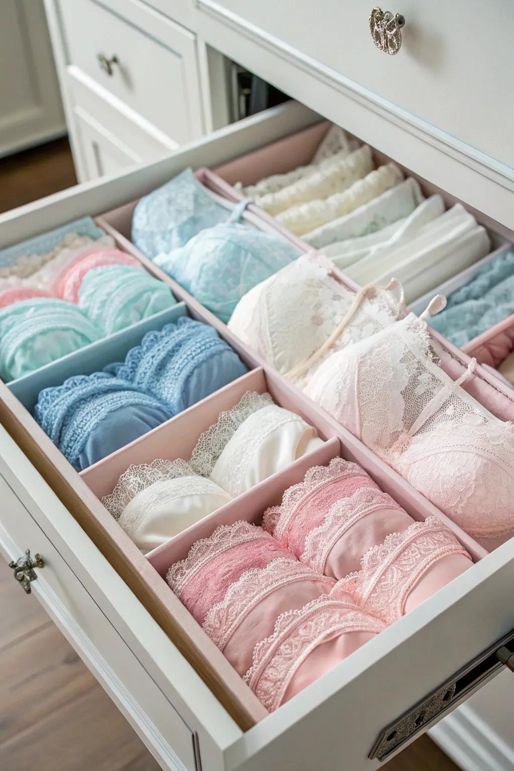 Sorting your lingerie by hue contributes order and visual appeal.