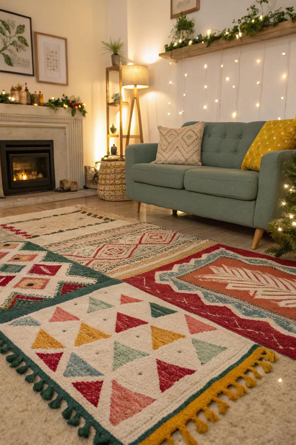 Layered rugs in festive colors amplify the texture and warmth of your living room.