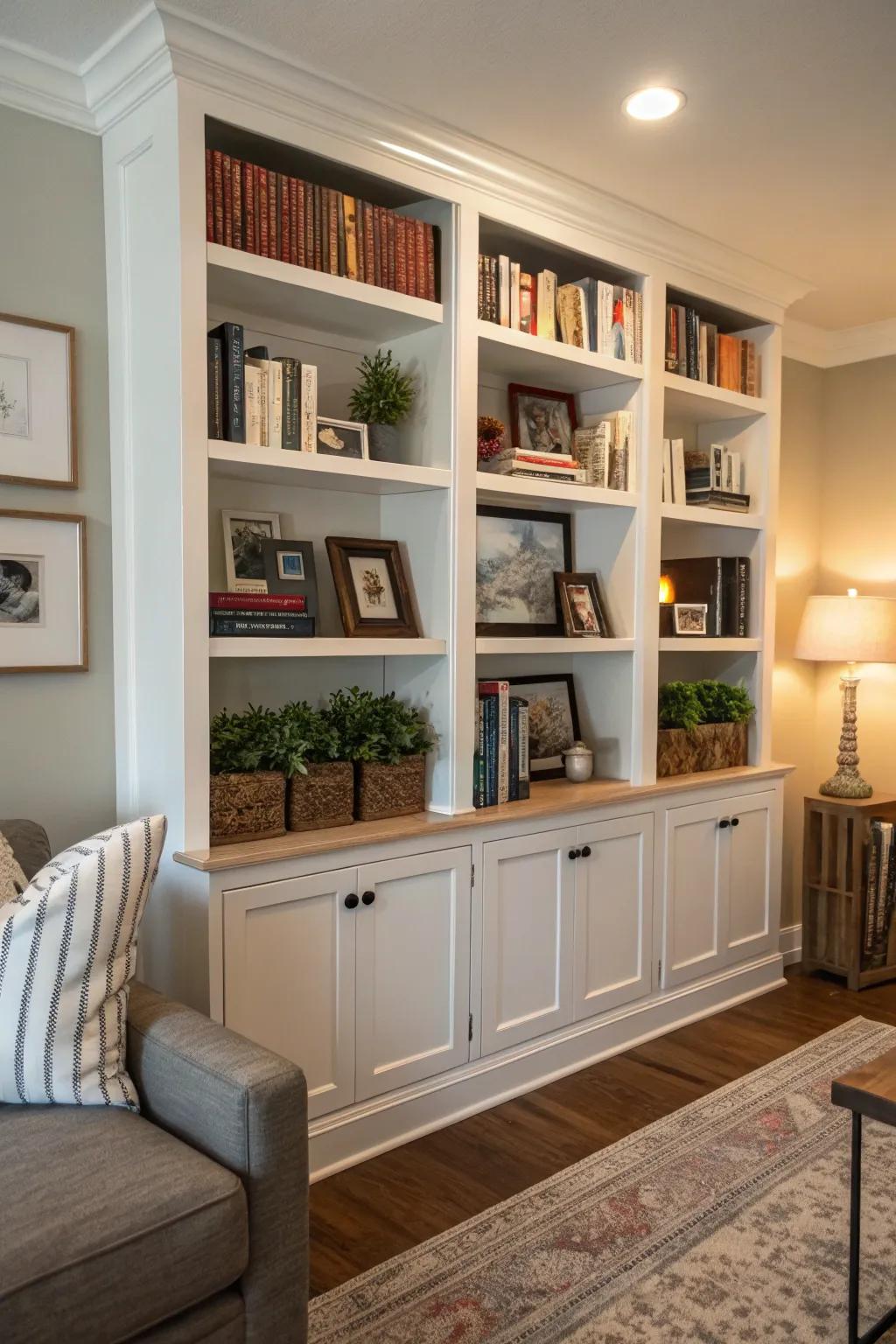 Built-in bookshelves enhance storage and style in a corner.