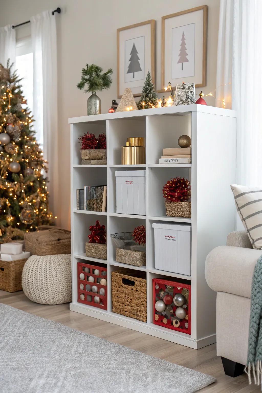A seasonal ornament stash utilizing cube storage for a clutter-free home.