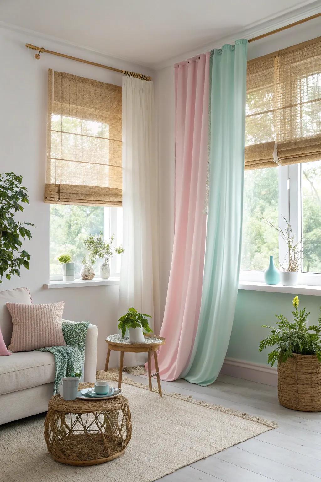Pastel curtains paired with bamboo blinds create a fresh ambiance.
