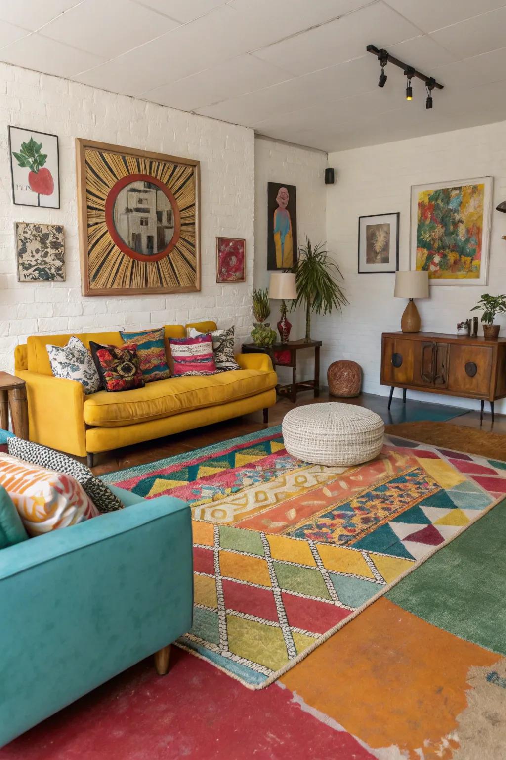 Vivid concrete stains incorporate a distinctive, vibrant touch into contemporary living rooms.