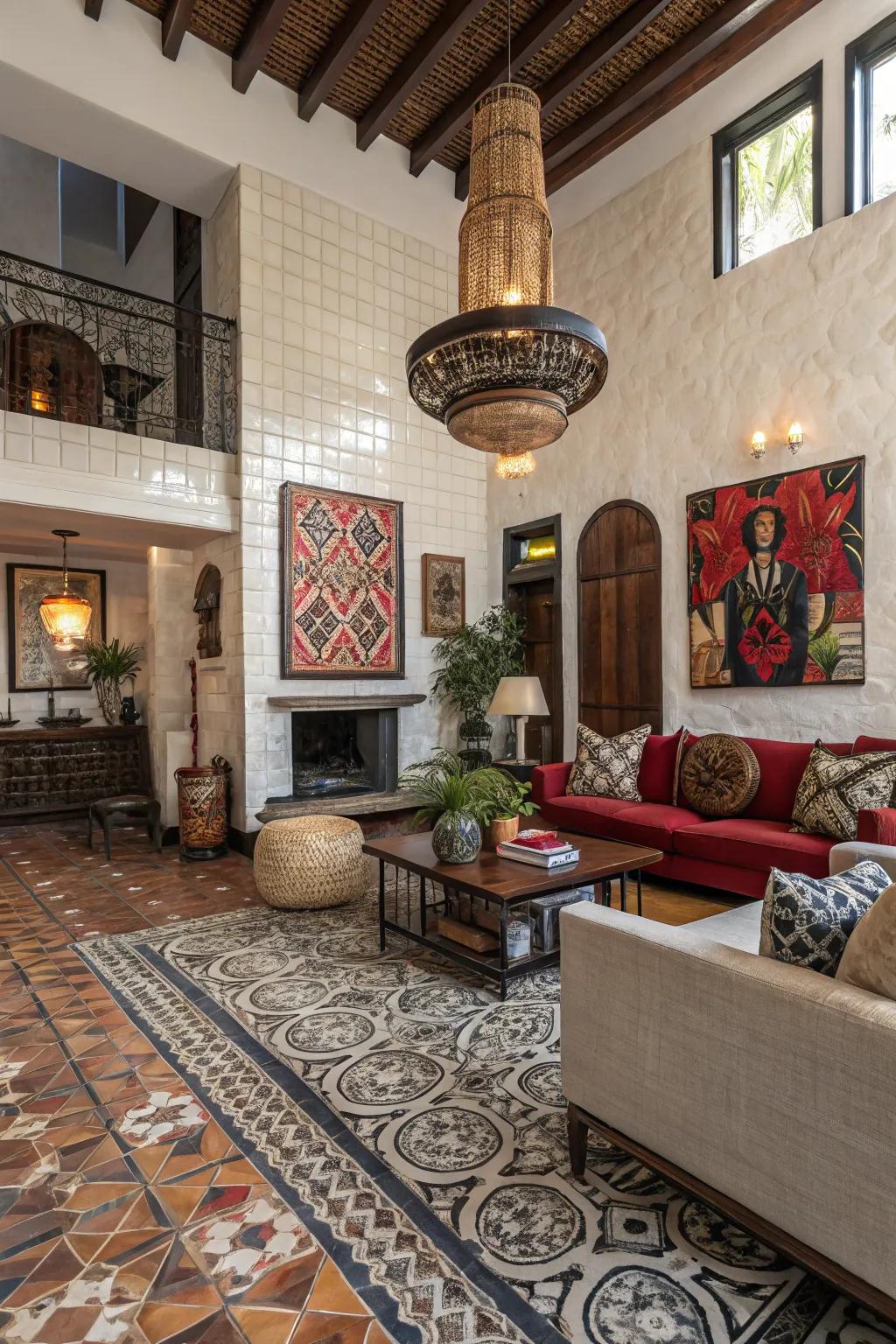 Dramatic family room with mixed-size tile design.