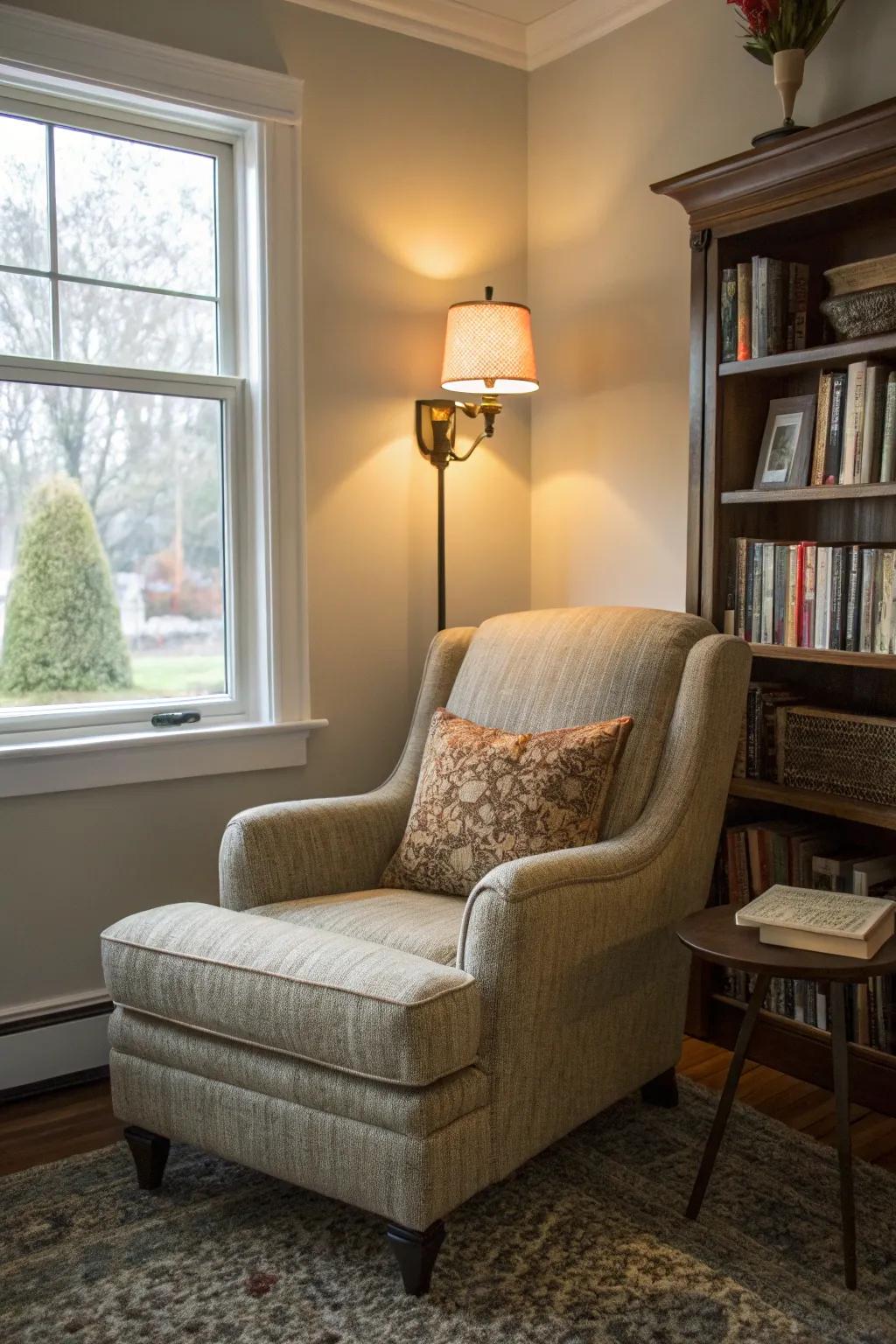 A cozy corner with ideal lighting for relaxation.