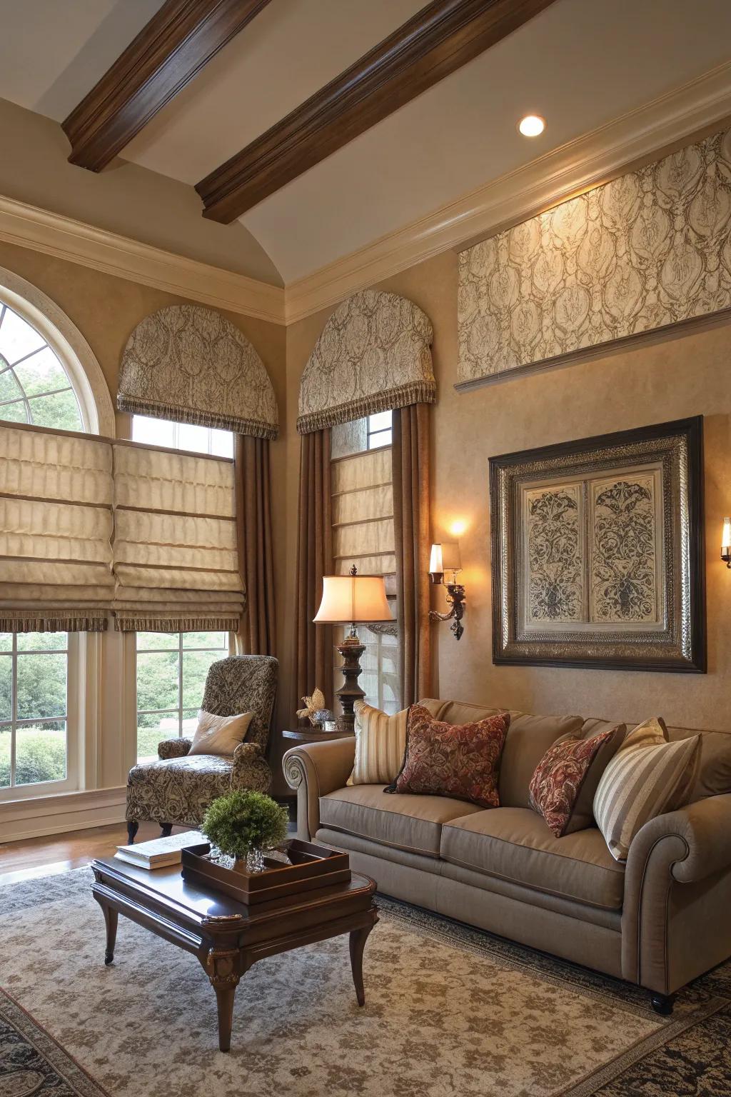 Pleated shades contributing texture and grace to the living space.