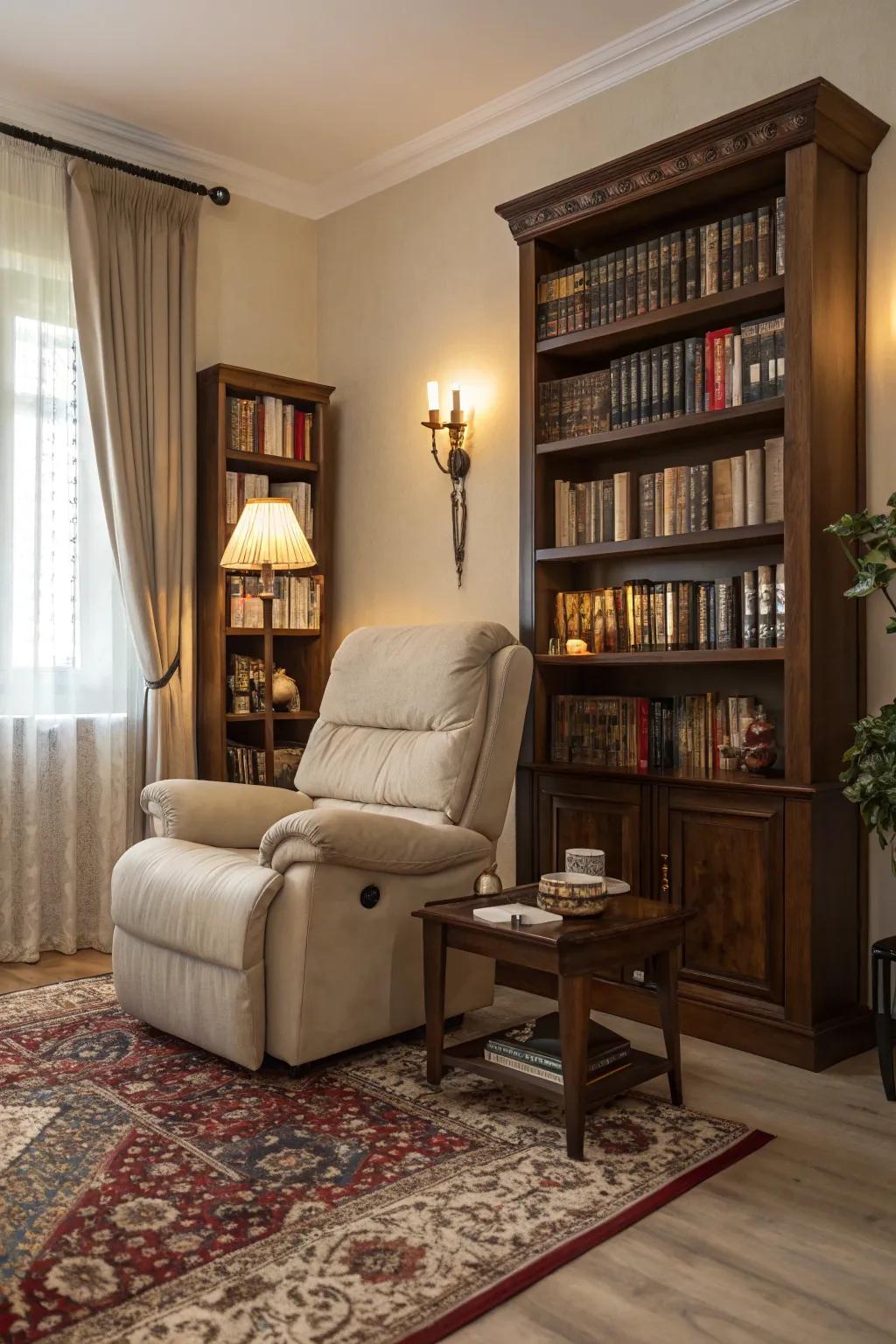 A refined living area showcasing a recliner beside a bookshelf.