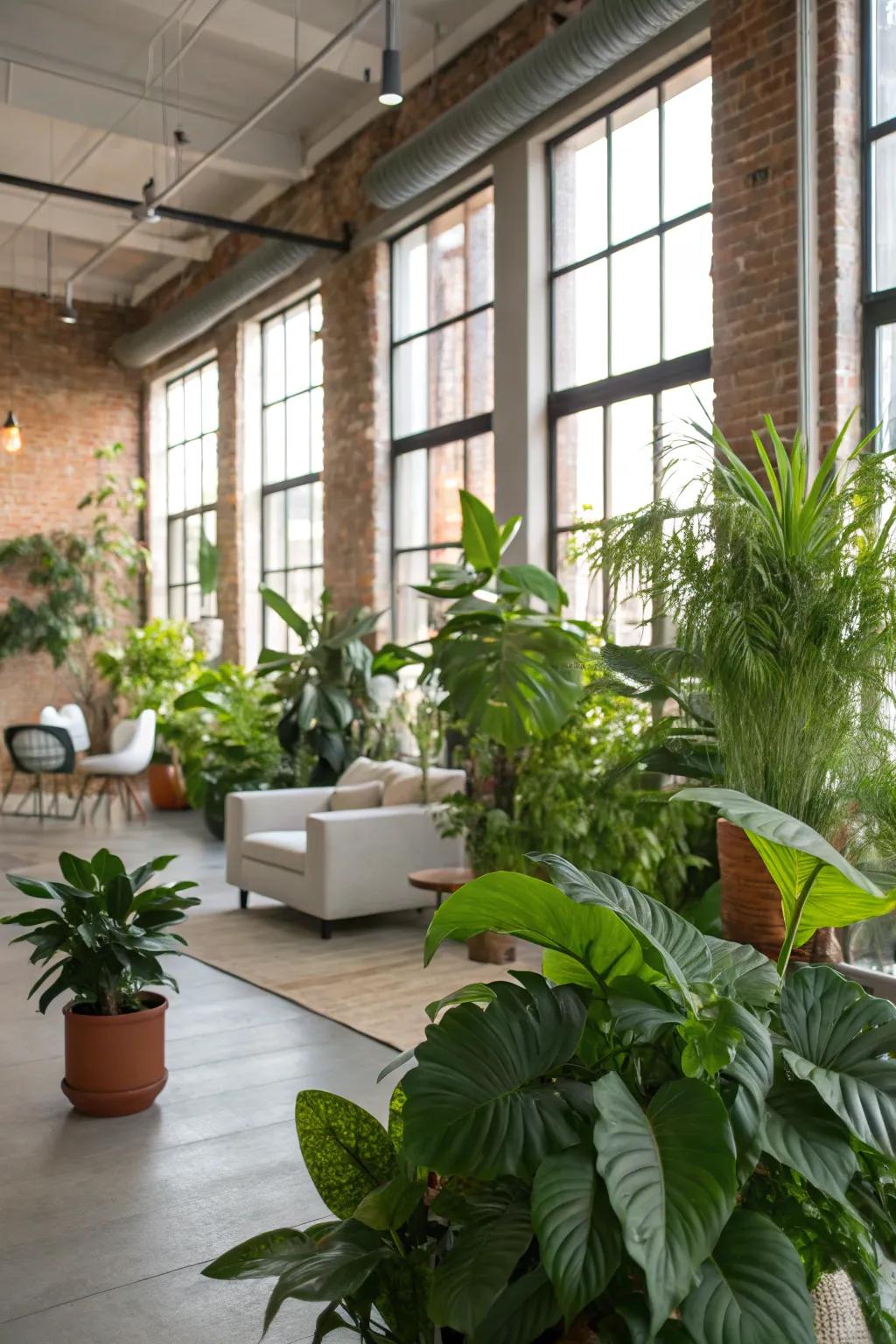 Green things bring life to loft interiors.