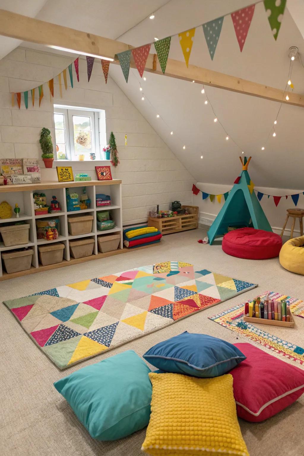 Ground pillows and textiles fashion a cozy and welcoming play area.