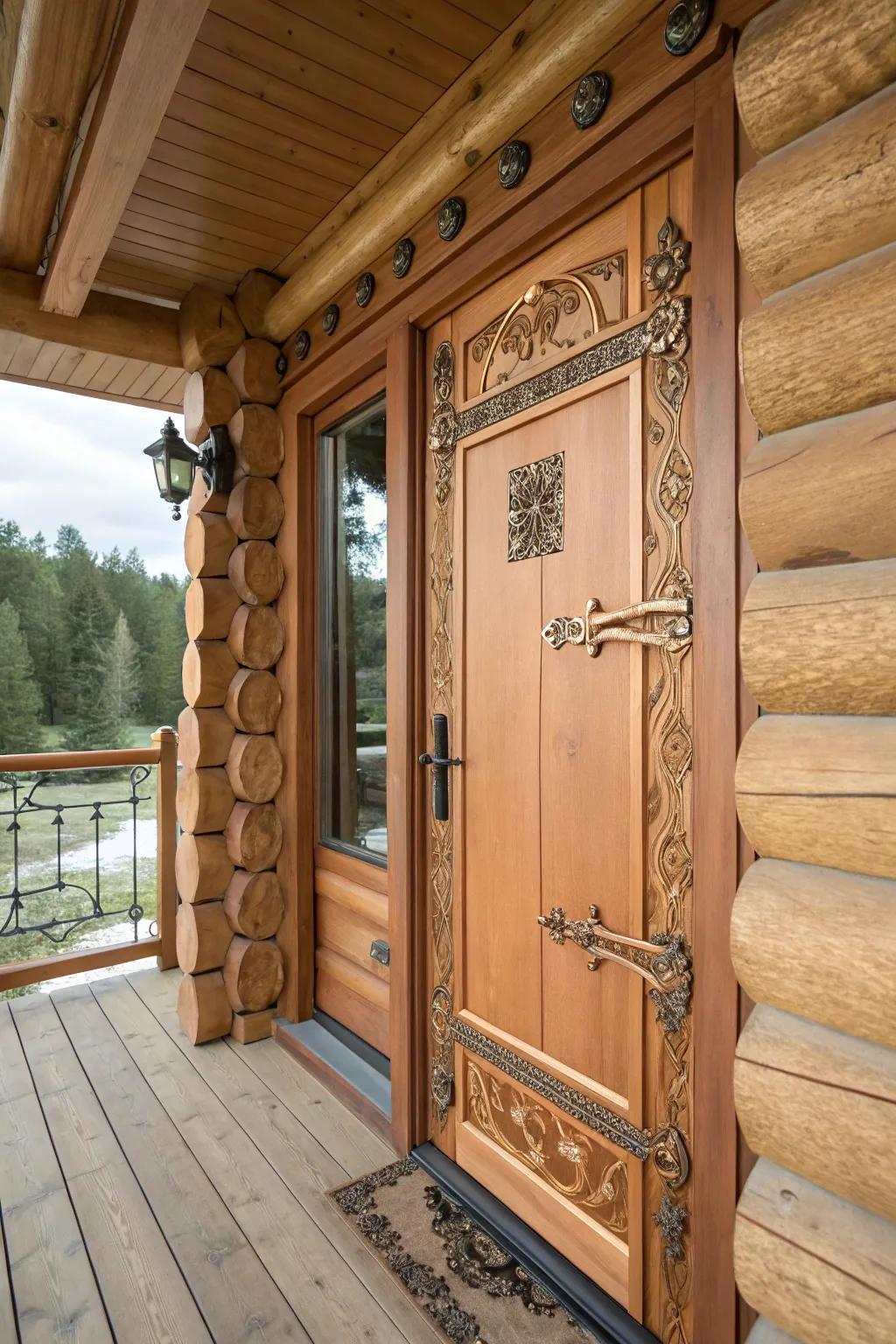 A log cabin doorway enhanced with copper accents.
