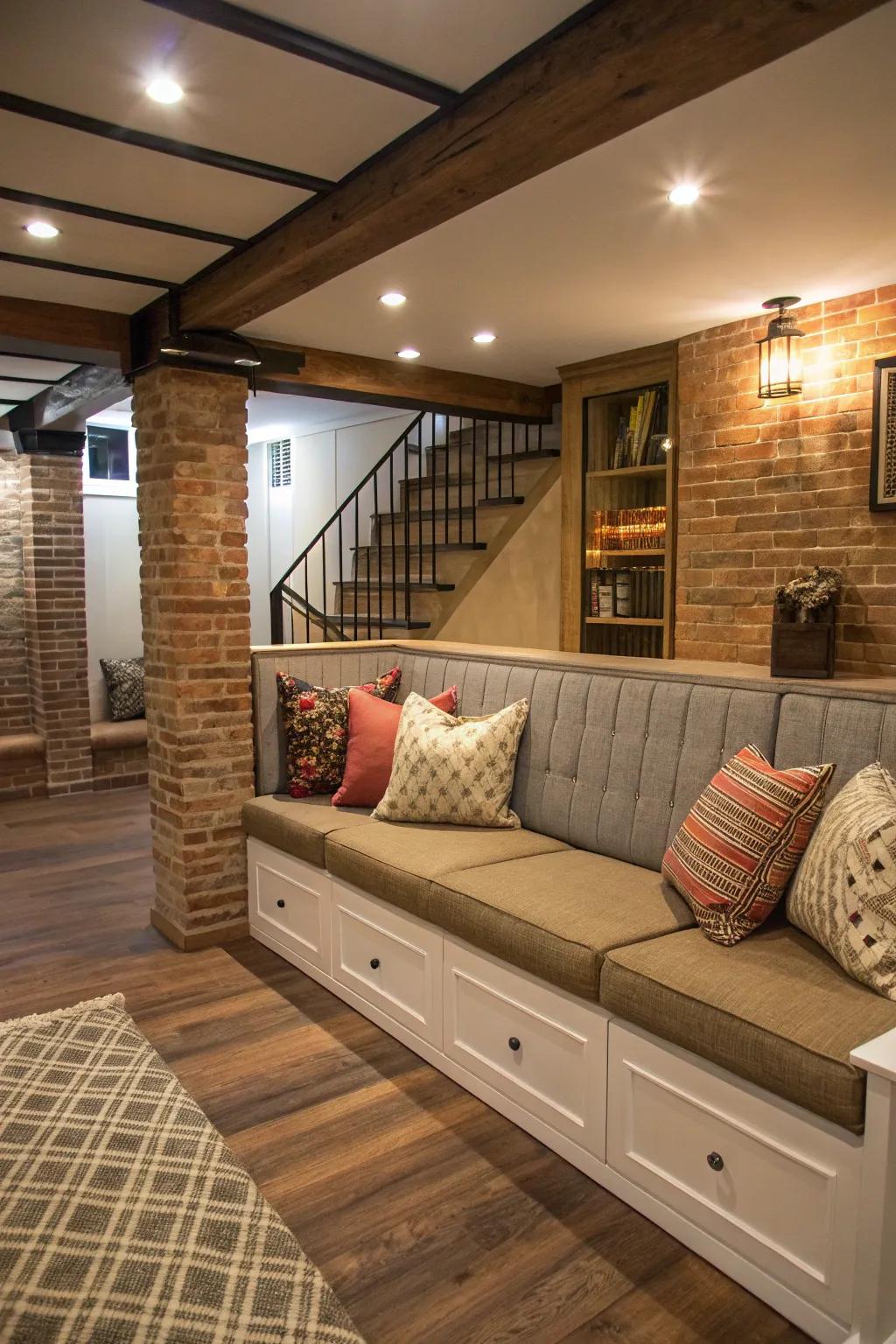 Integrated seating maximizes area and adds function.