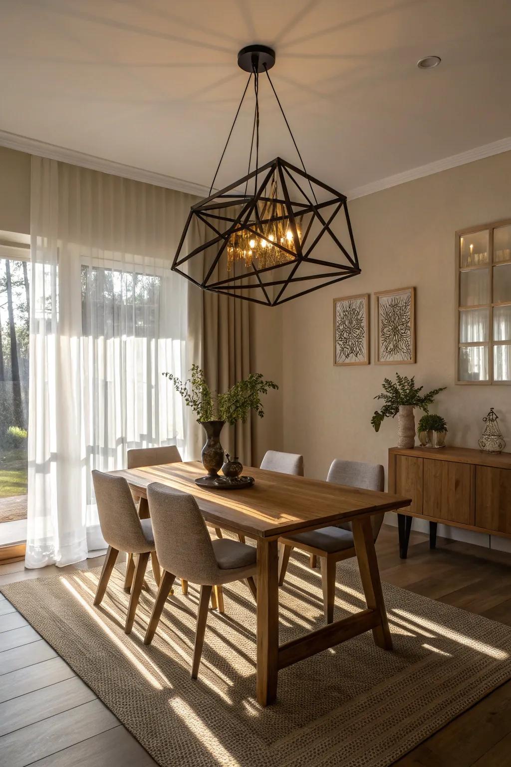 A geometric light fitting lending modern flair to a dining space.