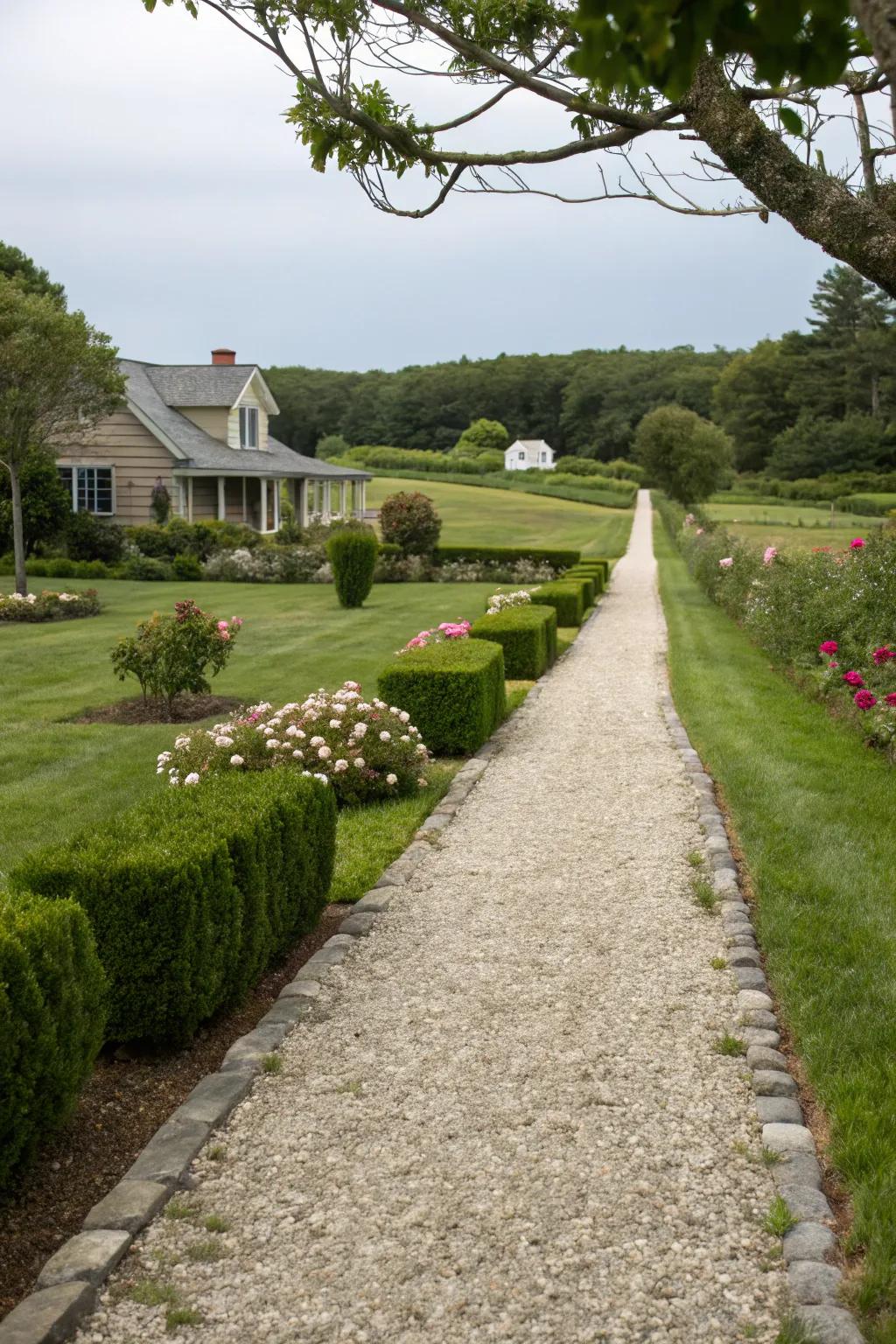A gravel path providing easy access and a rustic appeal.