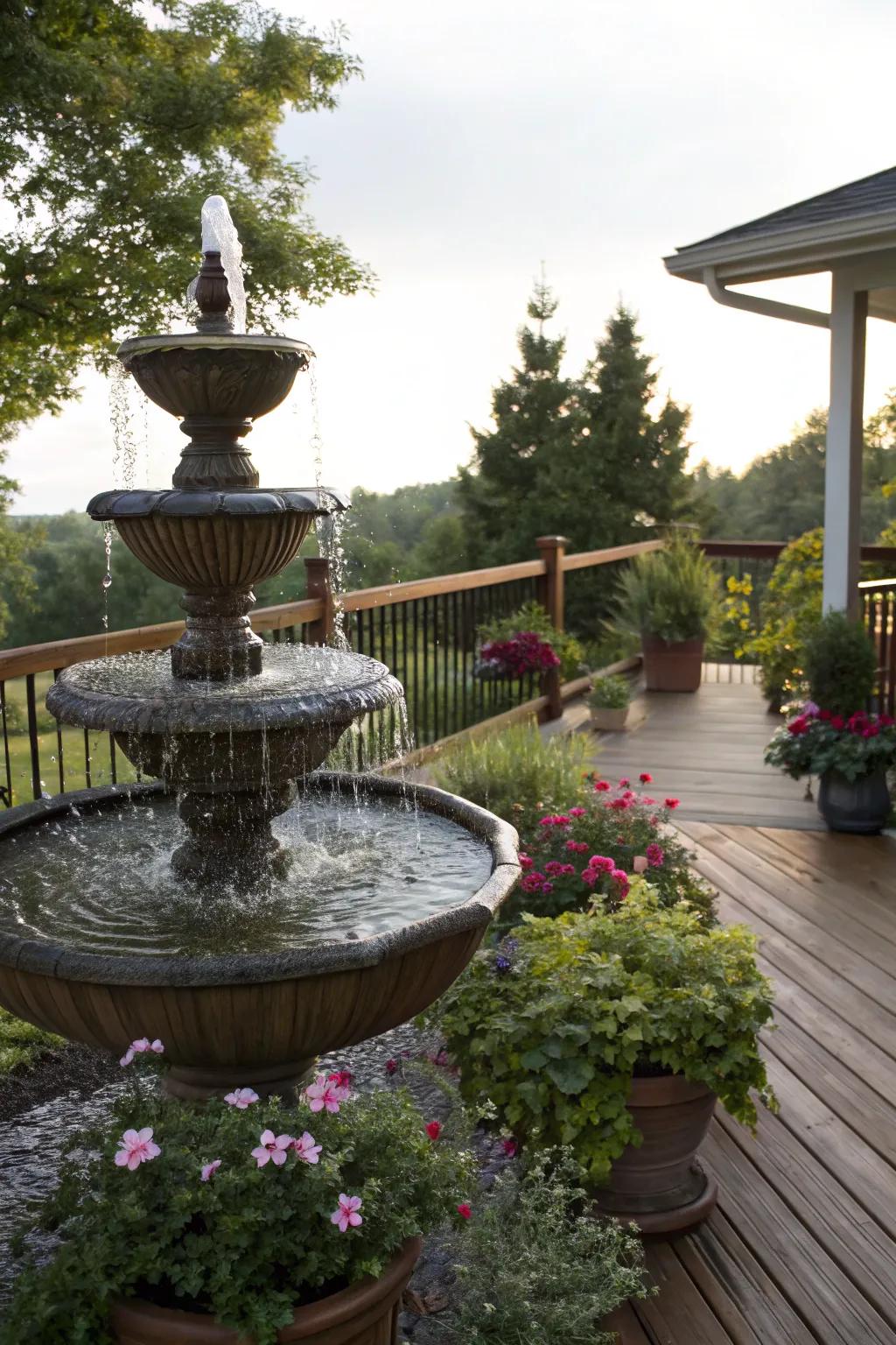 A petite water fountain ushering ambiance near a raised deck.