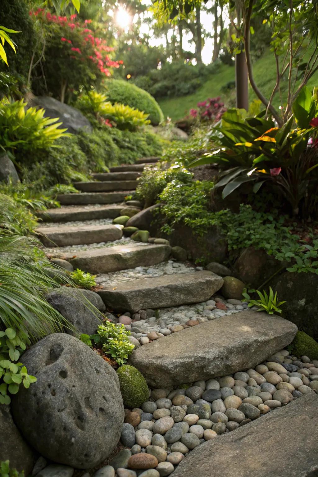 Enhance and protect garden steps with river stone edging.