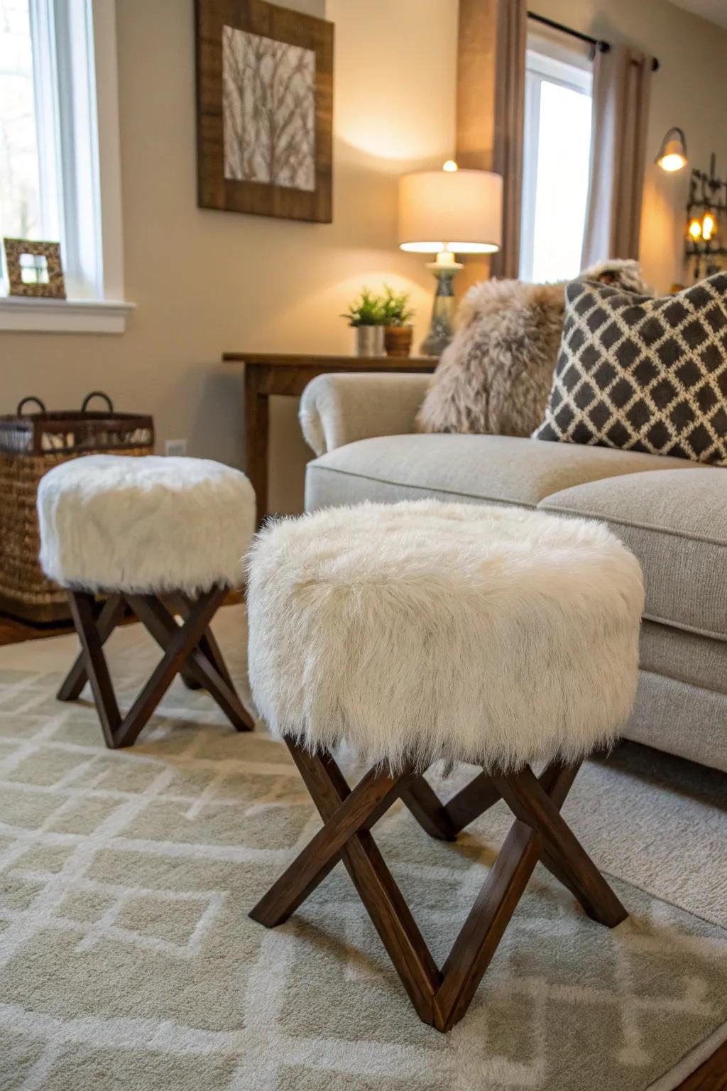 Faux fur stools add a fun and glamorous flair to this living space.