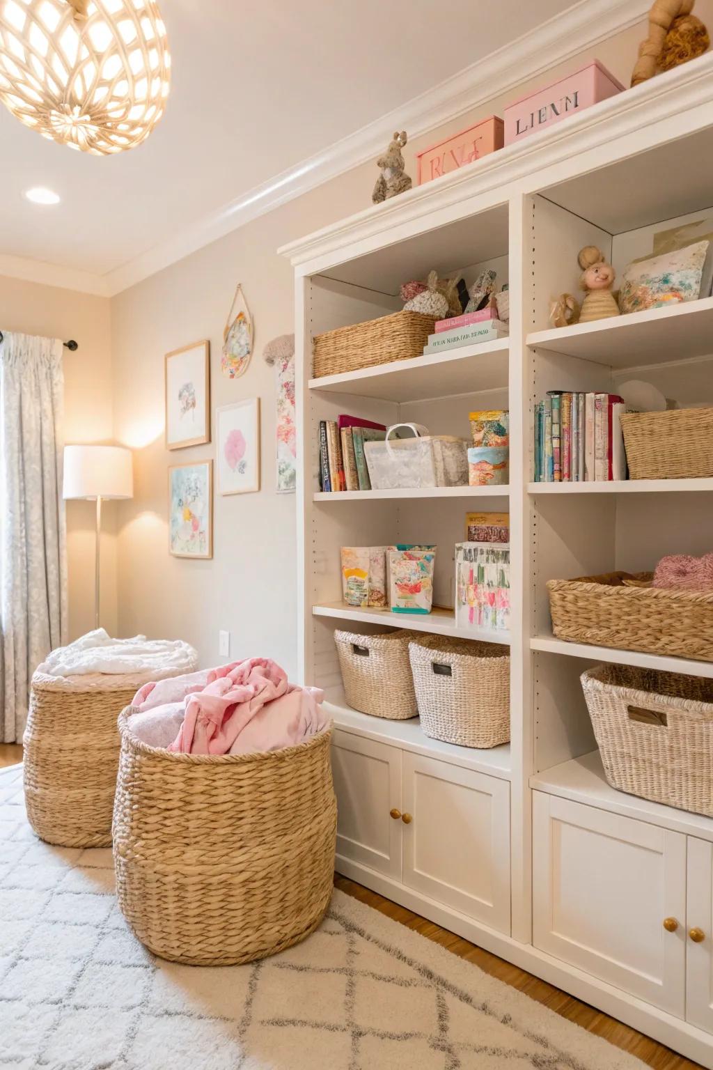 A nursery with chic storage like woven baskets and elegant shelving.