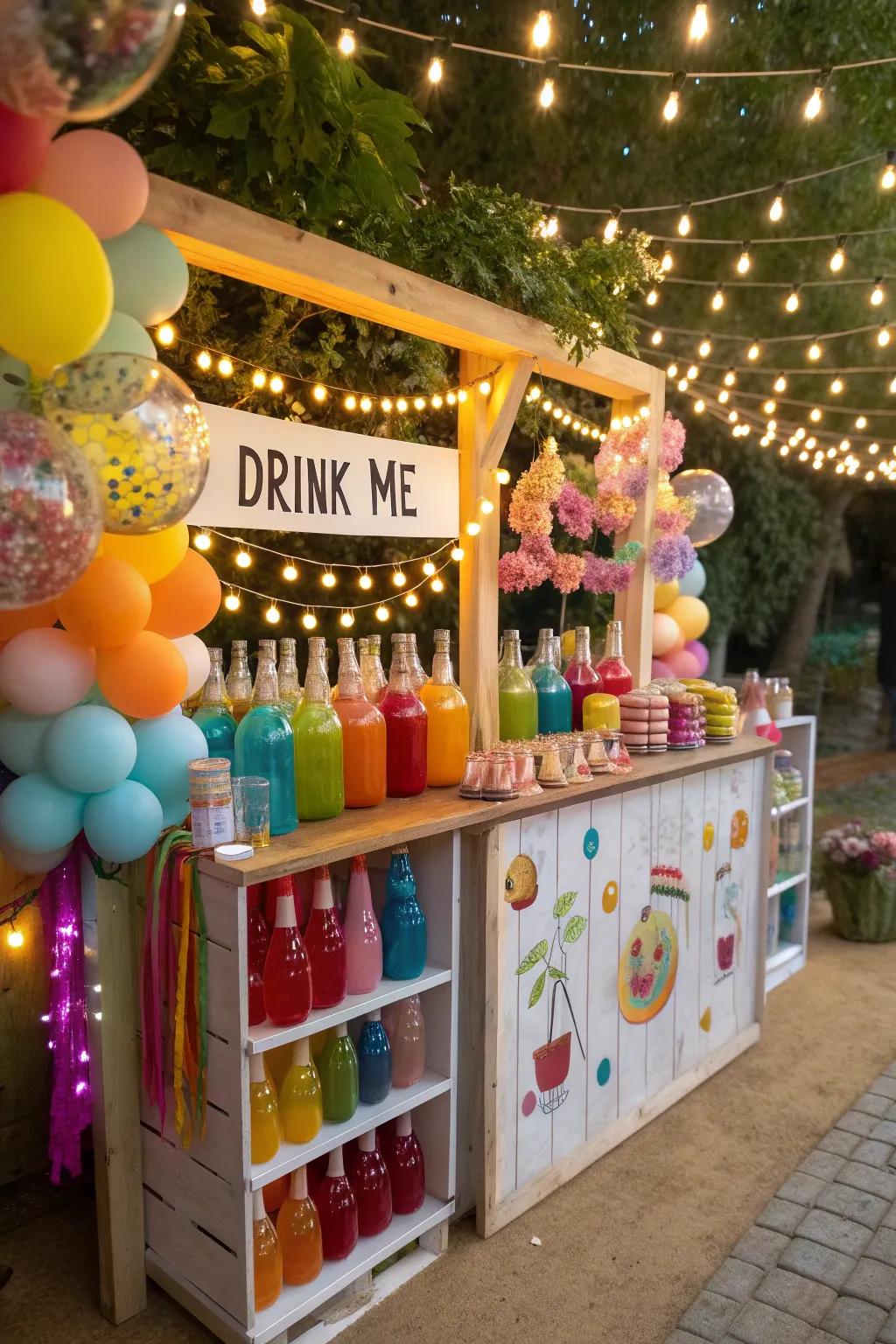 A 'Drink Me' station featuring vibrant beverages introduces a playful touch to the celebration.