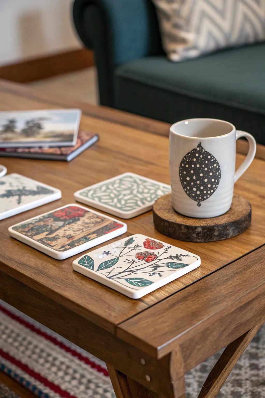 Personalized coasters blend style and practicality.