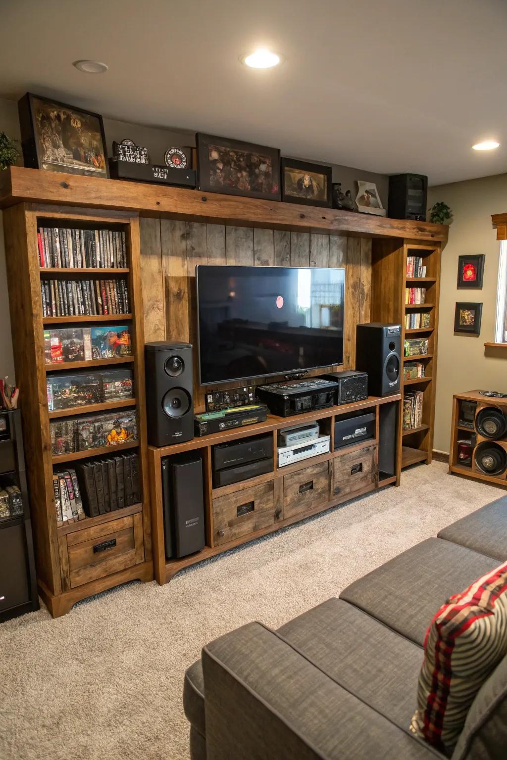 A bespoke center for diversions operates as a central element within this man cave.