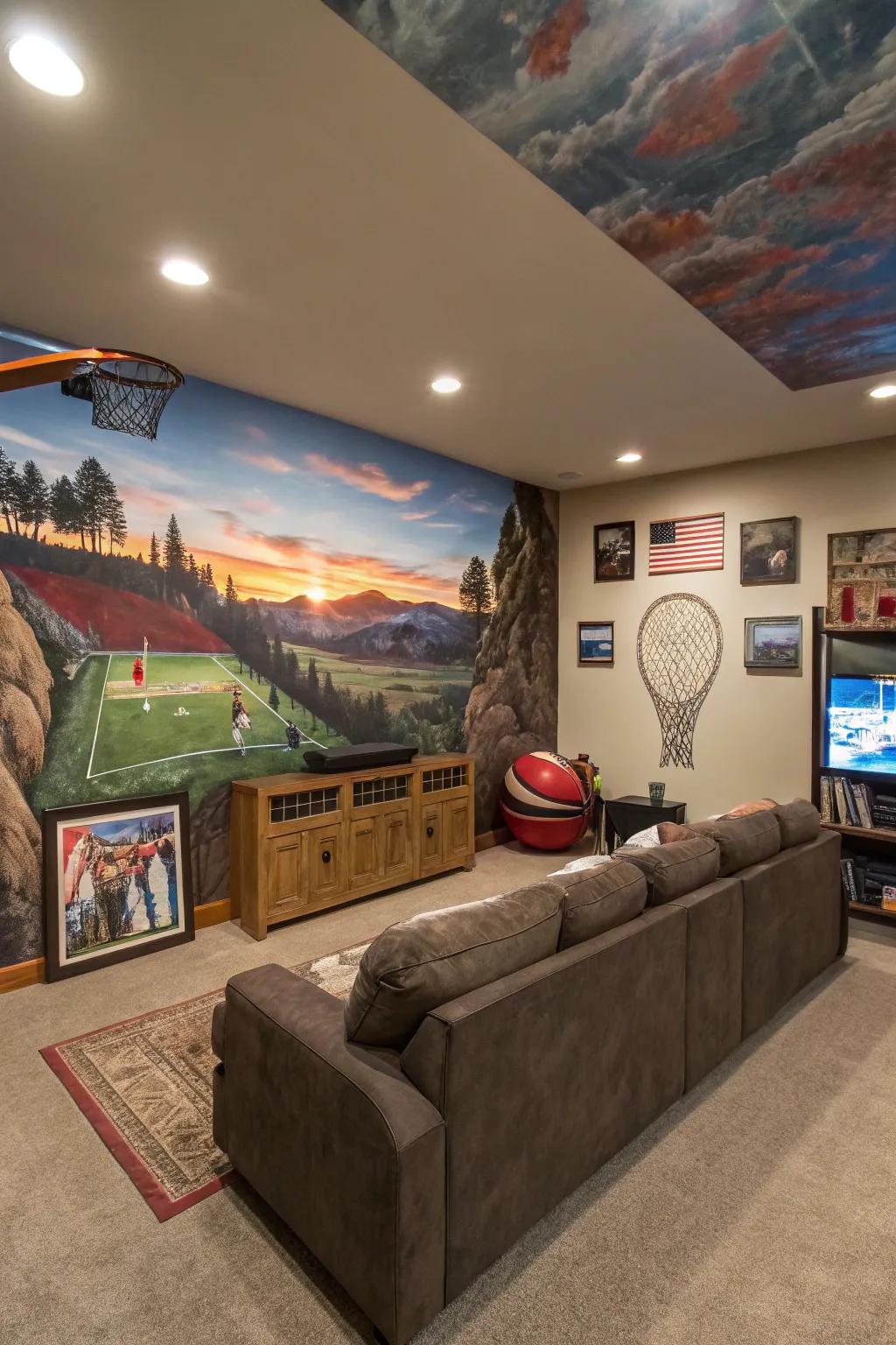 Creative wall artistry making a daring assertion within a man cave.